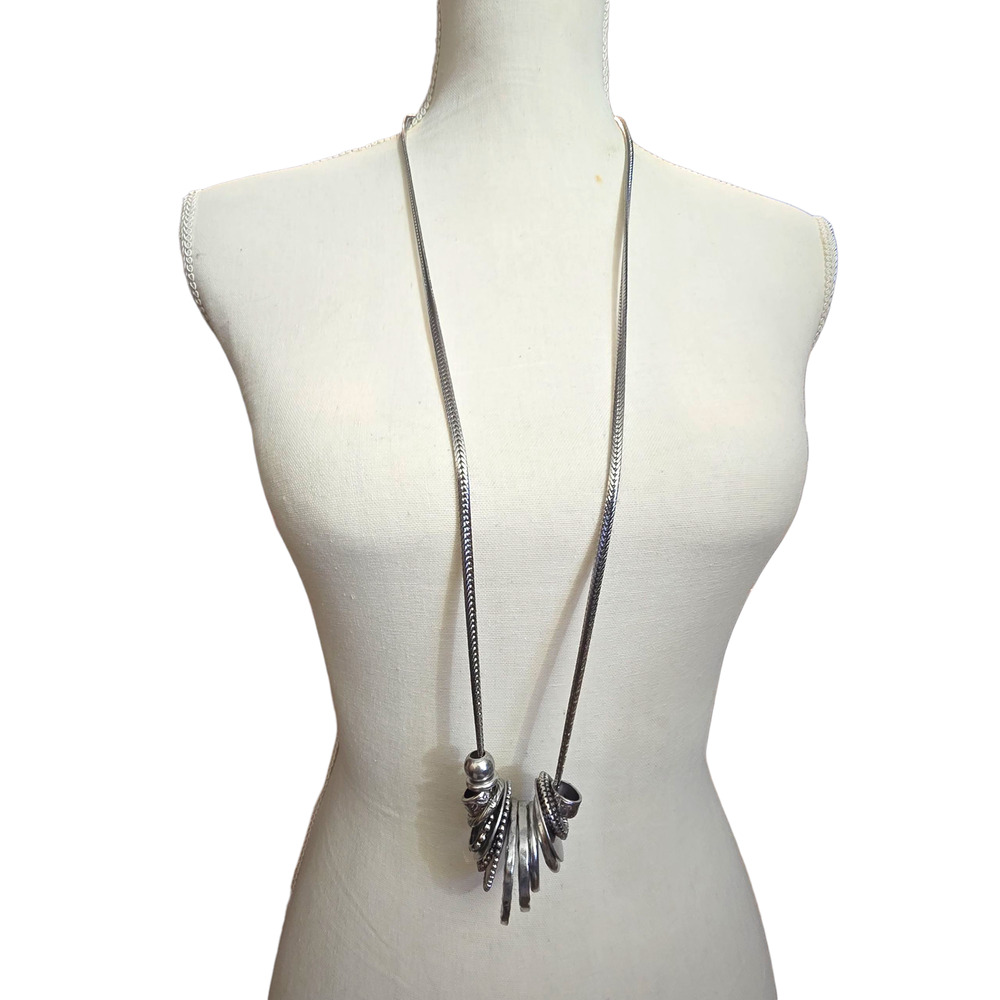 Chico's Necklace Chicos 36" Silver Tone Multi Ring Disc Pendant Boho SKU2465